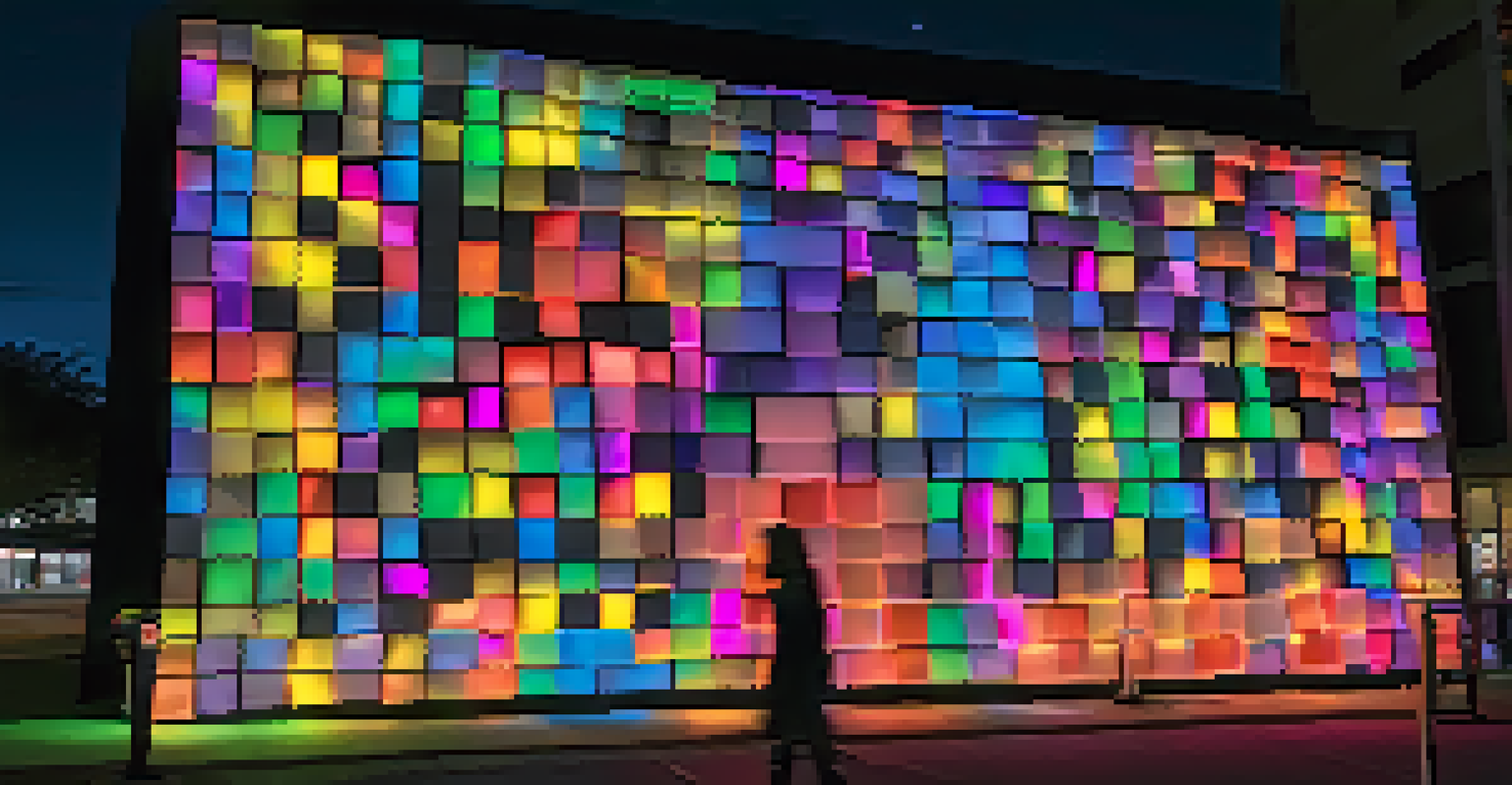A nighttime digital art installation glowing with colorful LED lights, featuring messages of social justice and community empowerment against a starry sky.