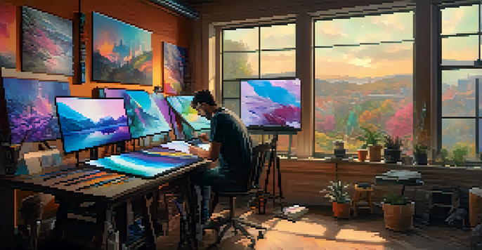 An artist working in a colorful digital art studio, with screens displaying their artwork and natural light coming through the window.