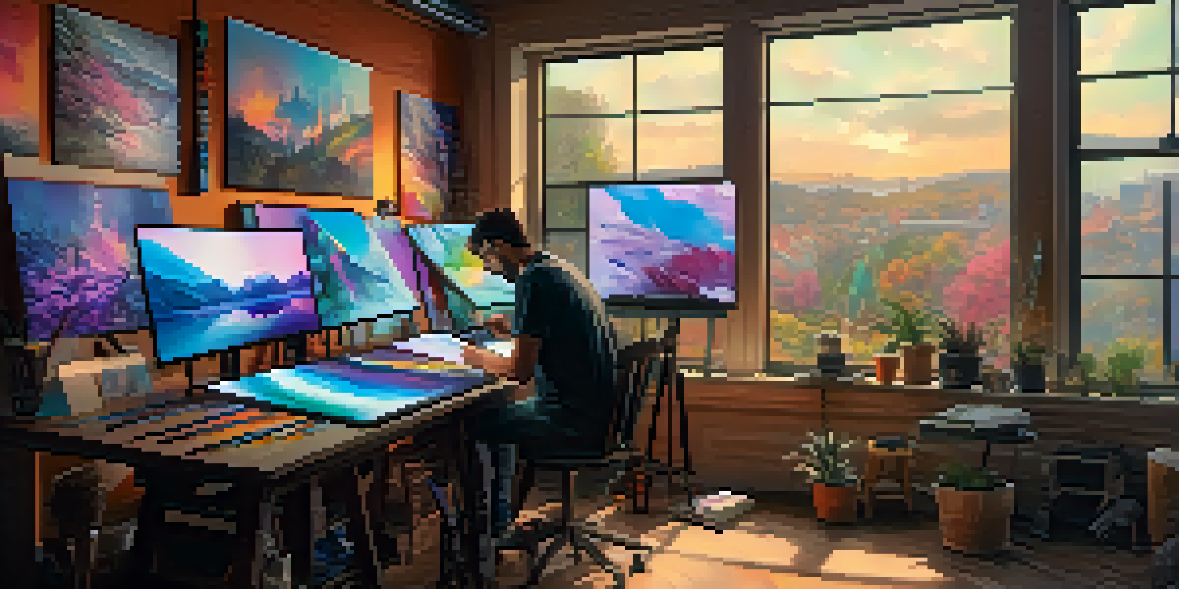 An artist working in a colorful digital art studio, with screens displaying their artwork and natural light coming through the window.