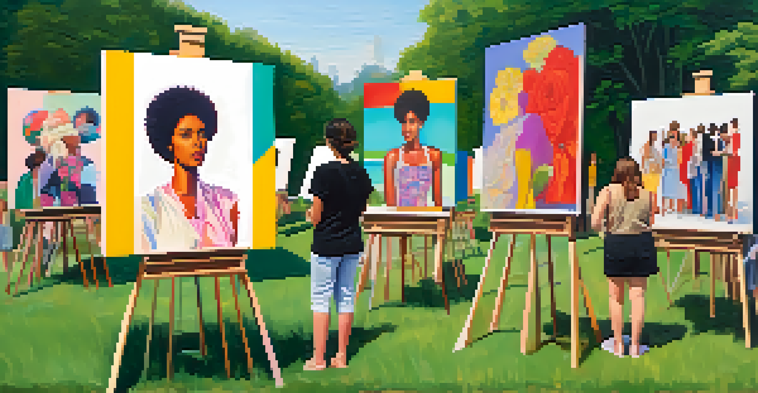 An outdoor exhibition showcasing bold feminist art in a park, with attendees discussing the artworks surrounded by nature.