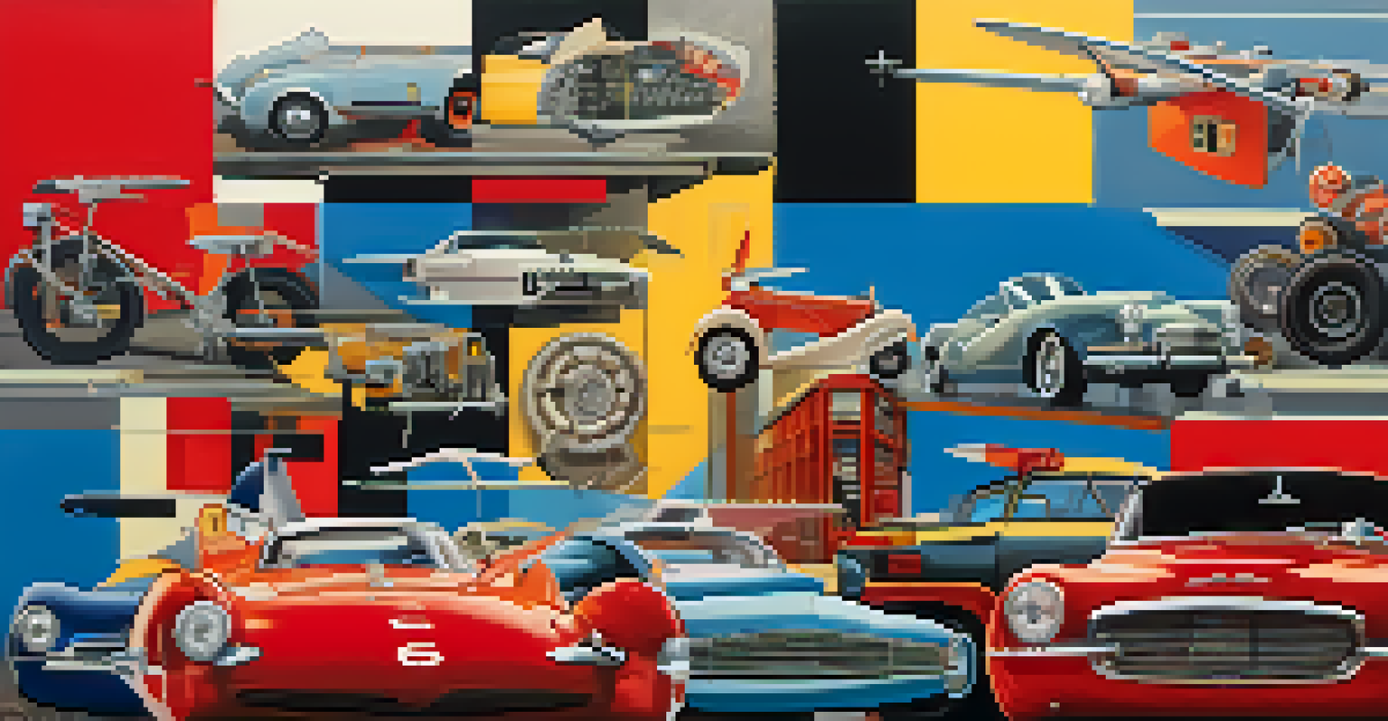 An abstract collage of vintage and modern machines with dynamic lines and vibrant colors representing technological impact.