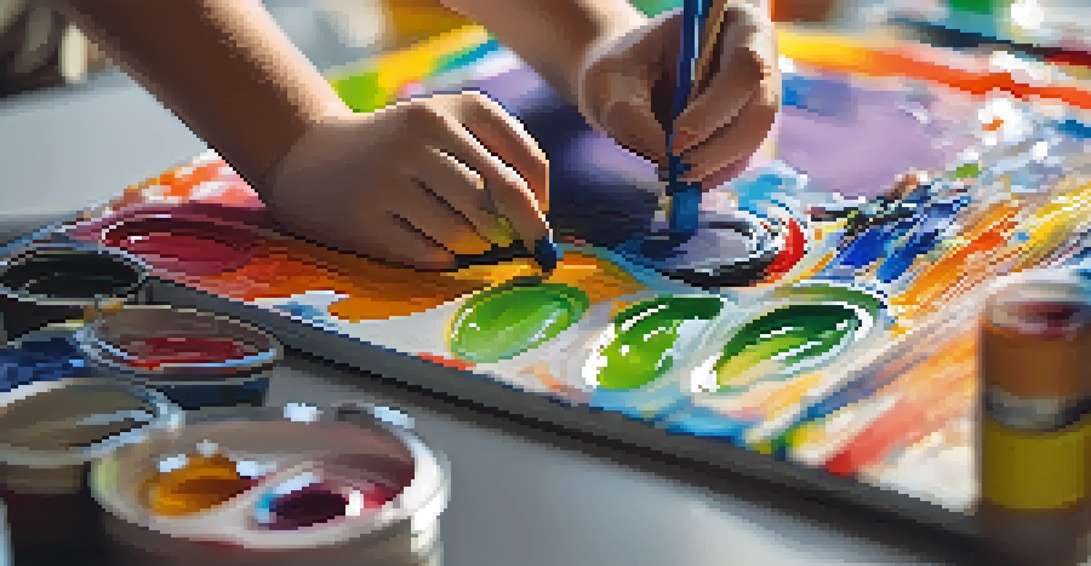 A close-up of a child's hands painting on a canvas with bright colors and abstract designs, surrounded by art supplies.