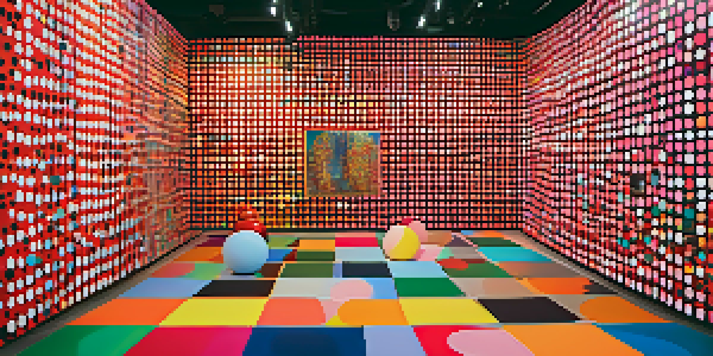 An immersive art installation with colorful polka dots and reflective surfaces, softly lit to create playful shadows.