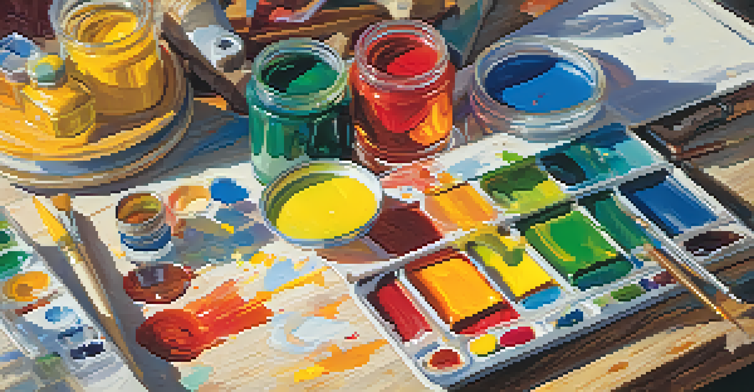 An artist's palette with primary and secondary colors, paintbrushes, and sunlight creating shadows on a wooden table.