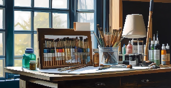 An artist's workspace with a partially painted canvas in glossy finish, surrounded by brushes and paint tubes, illuminated by soft natural light.