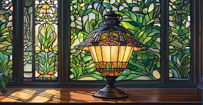 An Art Nouveau style lamp with floral stained glass patterns, shining warmly on a wooden table with green plants around.