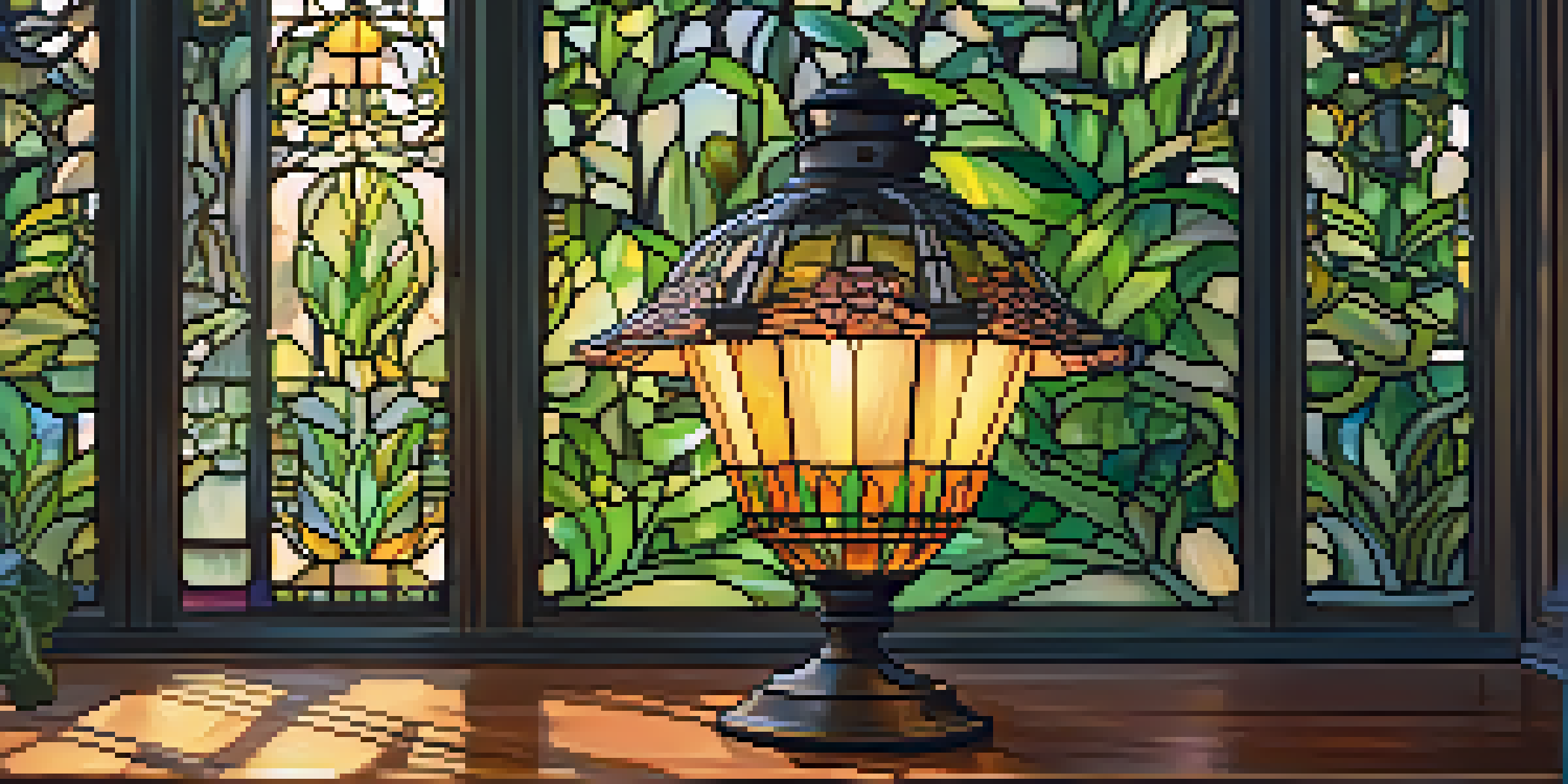 An Art Nouveau style lamp with floral stained glass patterns, shining warmly on a wooden table with green plants around.