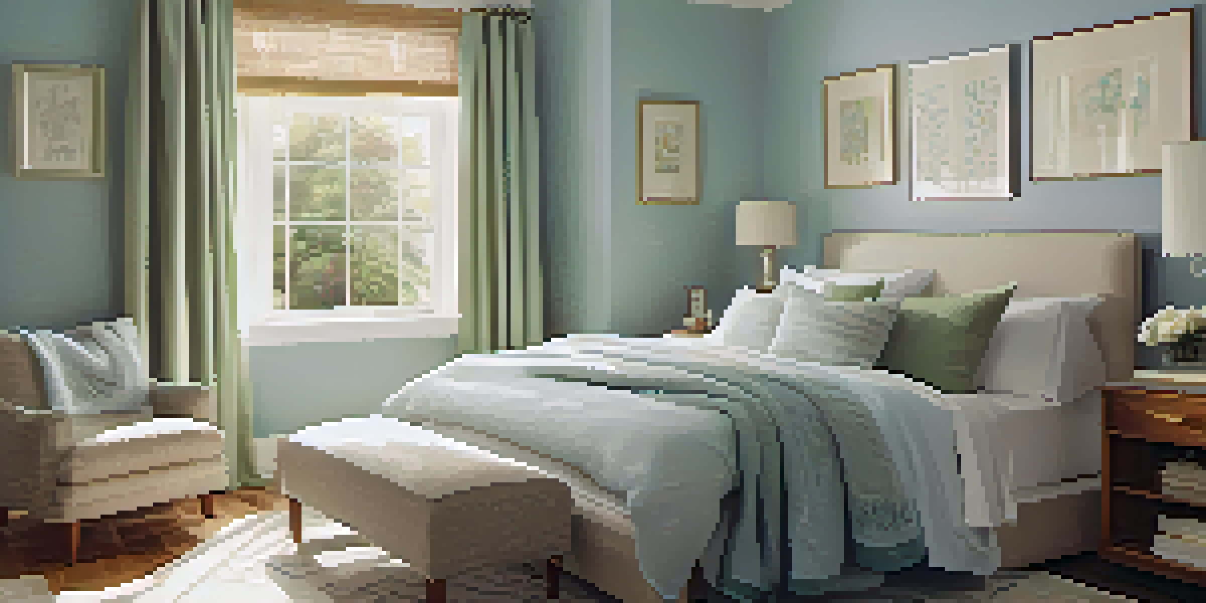 A cozy bedroom with soft blue and green walls, a plush bed, and natural light streaming through sheer curtains.