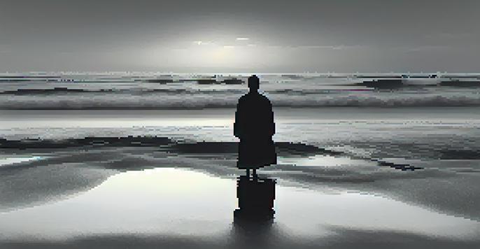 A solitary figure on a desolate beach at dusk in black-and-white, with gentle waves and a gradient sky.