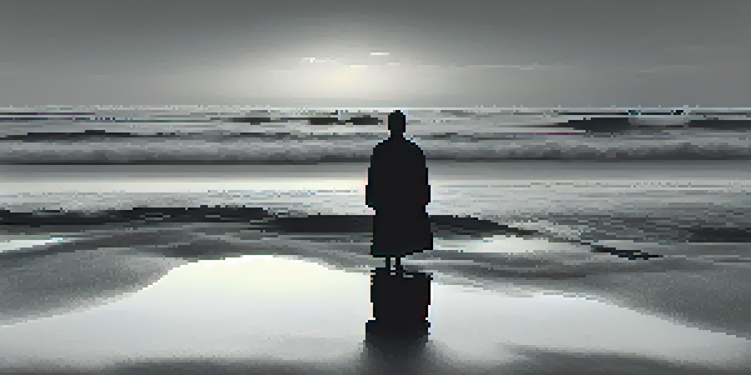 A solitary figure on a desolate beach at dusk in black-and-white, with gentle waves and a gradient sky.