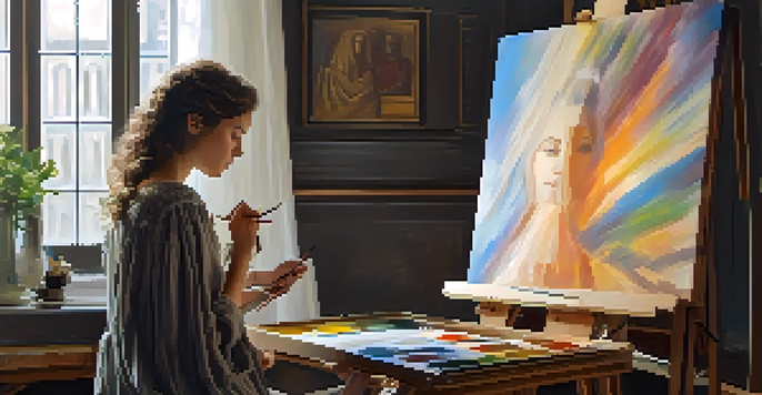 A woman artist in a sunlit studio painting a portrait of a young girl, surrounded by canvases and art supplies.
