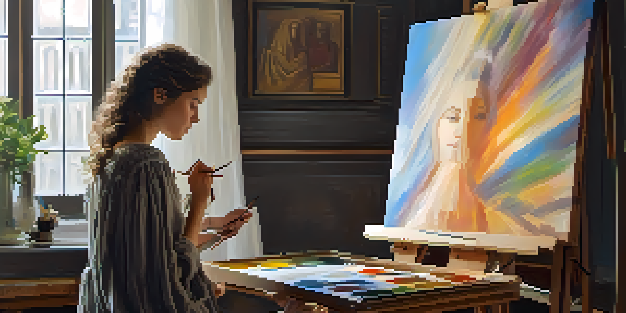 A woman artist in a sunlit studio painting a portrait of a young girl, surrounded by canvases and art supplies.