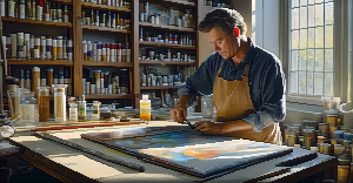 An art restorer carefully cleaning a vintage painting in a bright studio filled with art supplies.