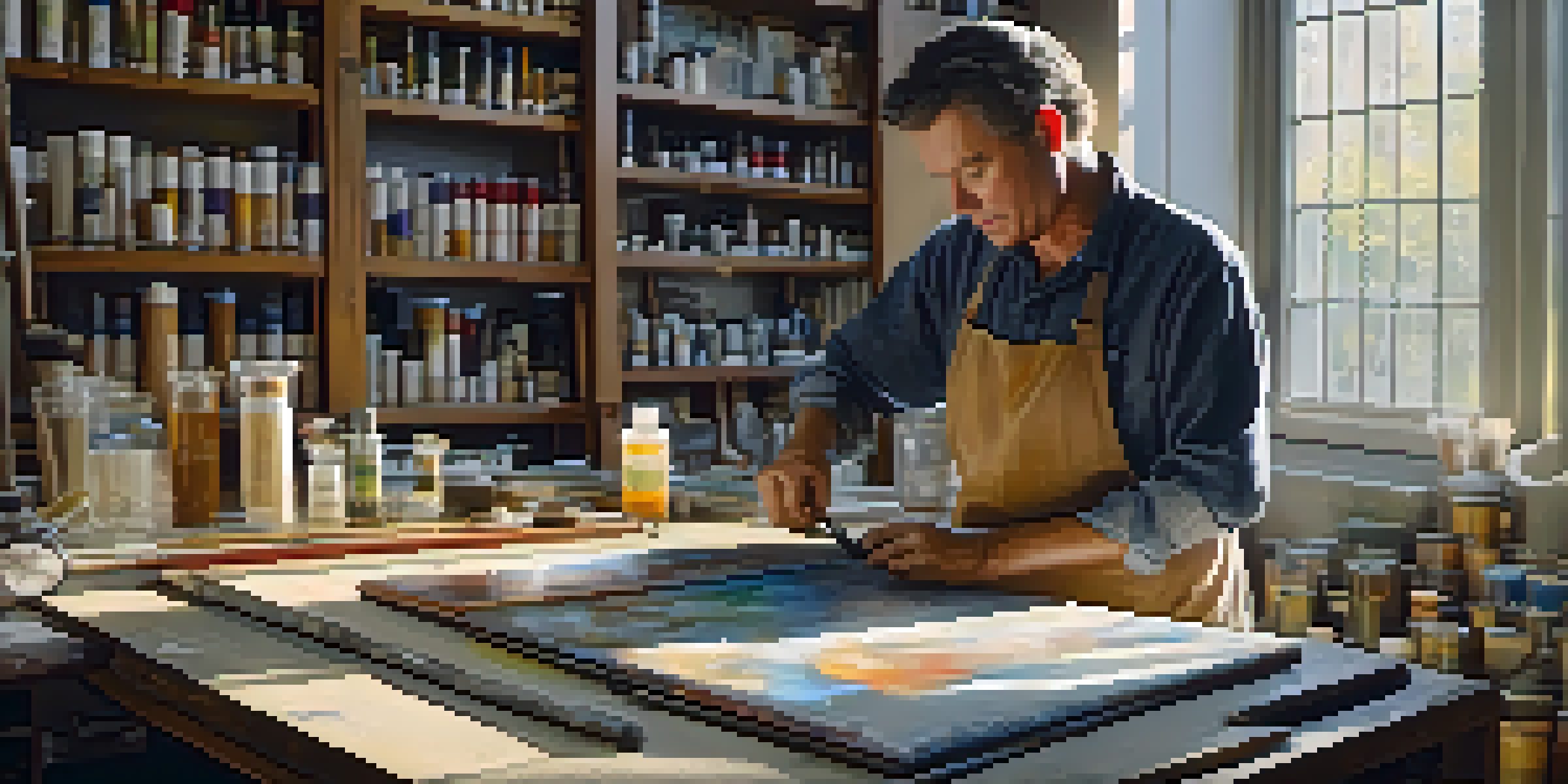 An art restorer carefully cleaning a vintage painting in a bright studio filled with art supplies.