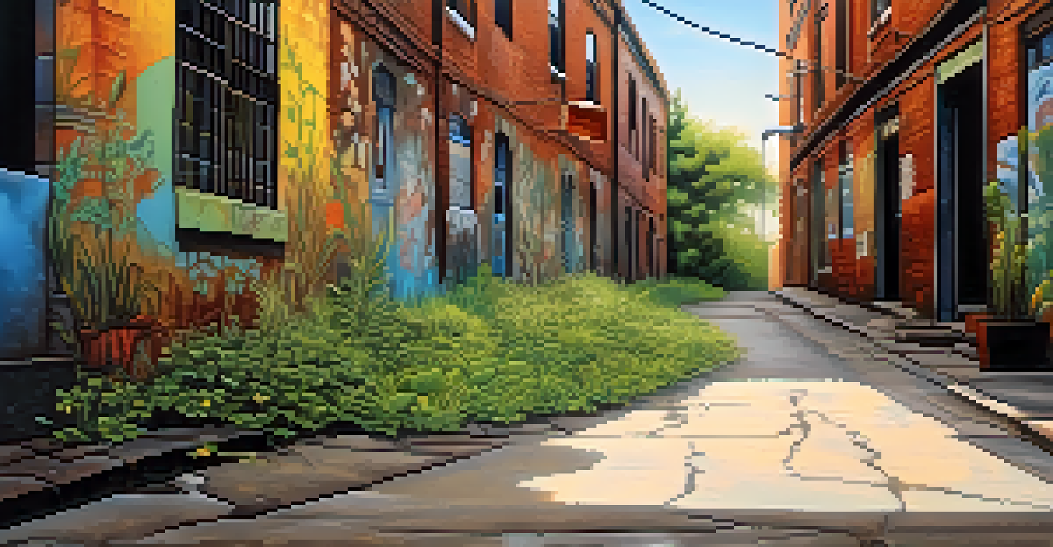 An alleyway with intricate stencil artworks on environmental themes, surrounded by plants and textured walls, illuminated by soft light.