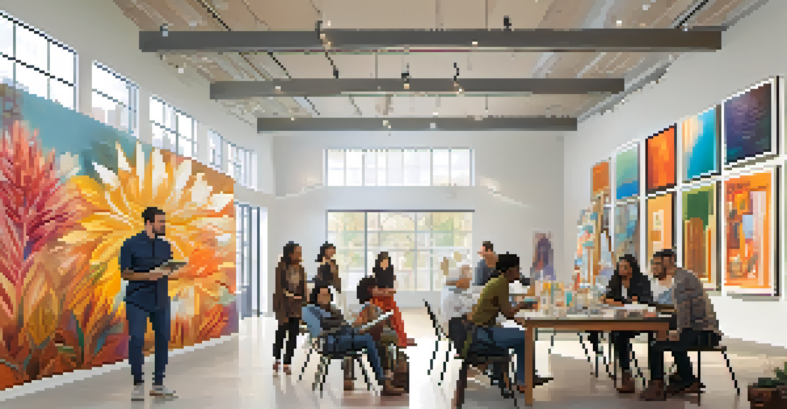 A group of diverse artists collaborating on a mural in a bright gallery filled with cultural artworks.