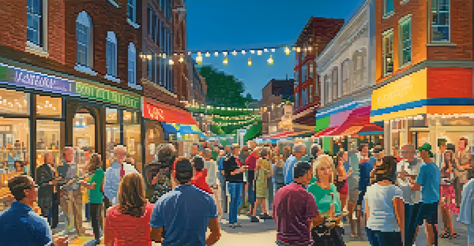 A vibrant gallery opening event with attendees enjoying live music and refreshments, surrounded by colorful art pieces and decorations.