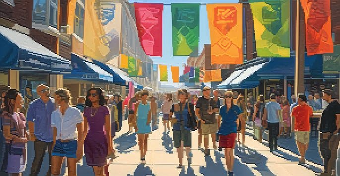A lively street scene during an art walk with artists showcasing their work, colorful banners, and people interacting in warm sunlight.