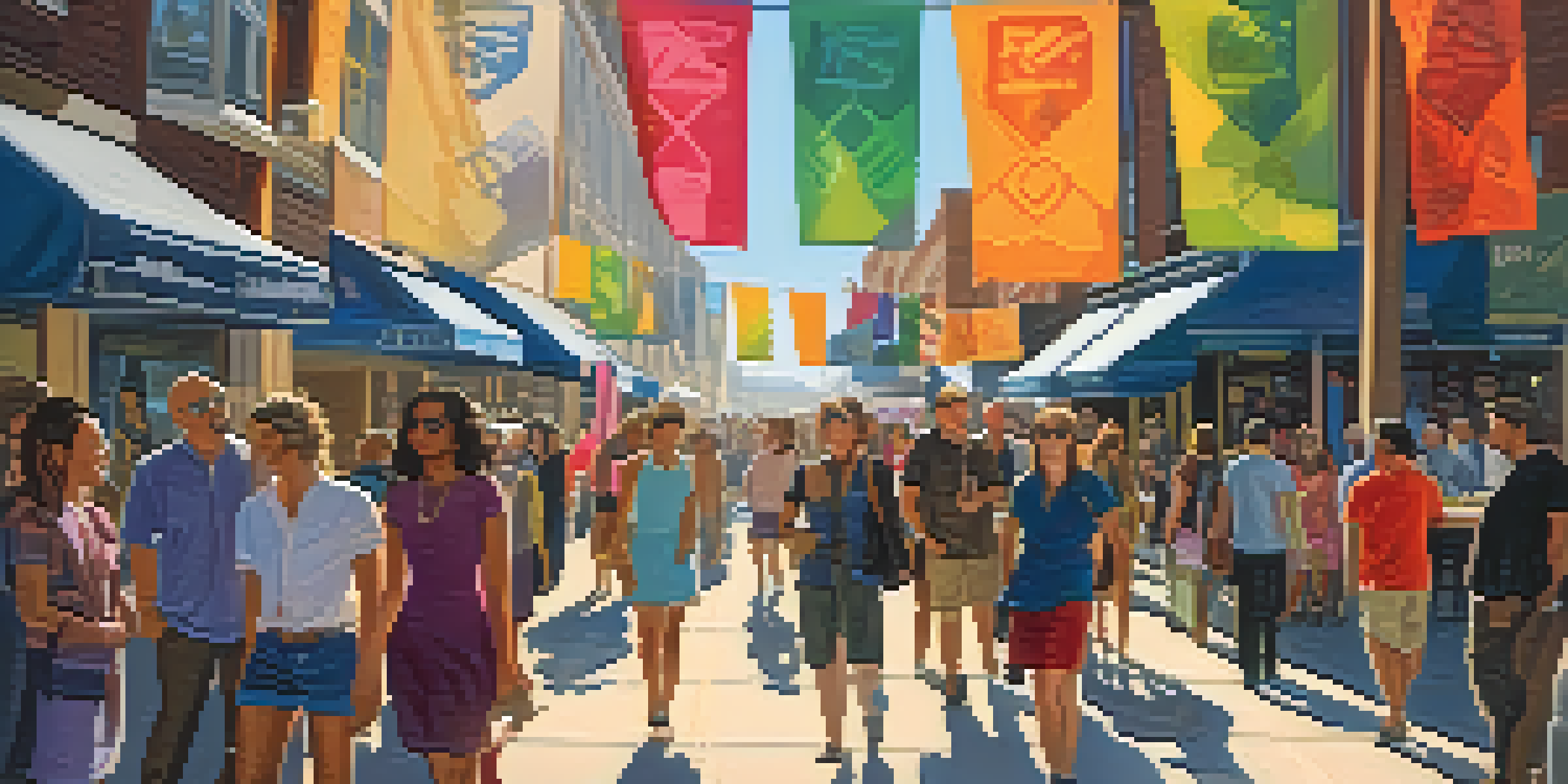 A lively street scene during an art walk with artists showcasing their work, colorful banners, and people interacting in warm sunlight.