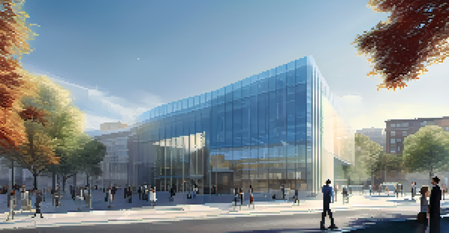 A minimalist public building inspired by Constructivism, set in an urban landscape with clear blue skies and people interacting with the space.