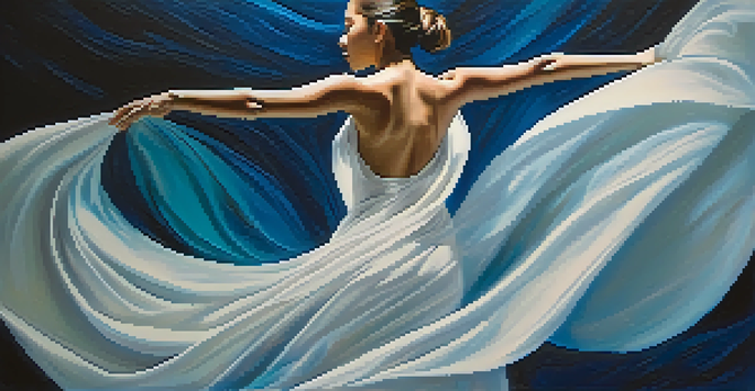 A dancer in white fabric performing against a colorful blue and turquoise backdrop, showcasing fluid movement and emotion.