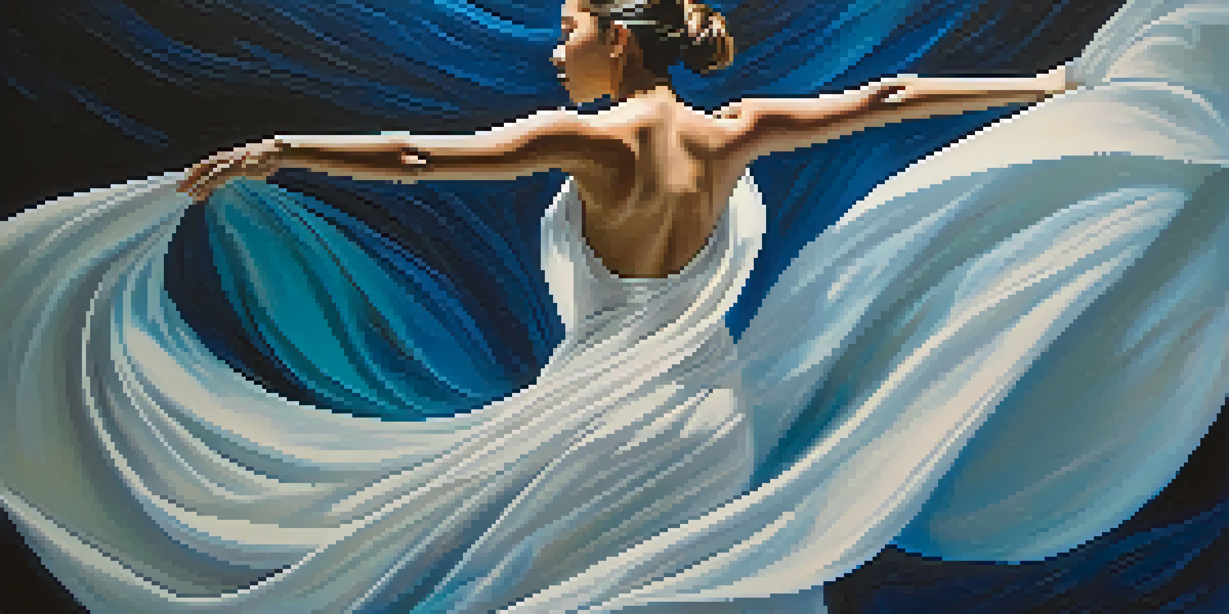 A dancer in white fabric performing against a colorful blue and turquoise backdrop, showcasing fluid movement and emotion.