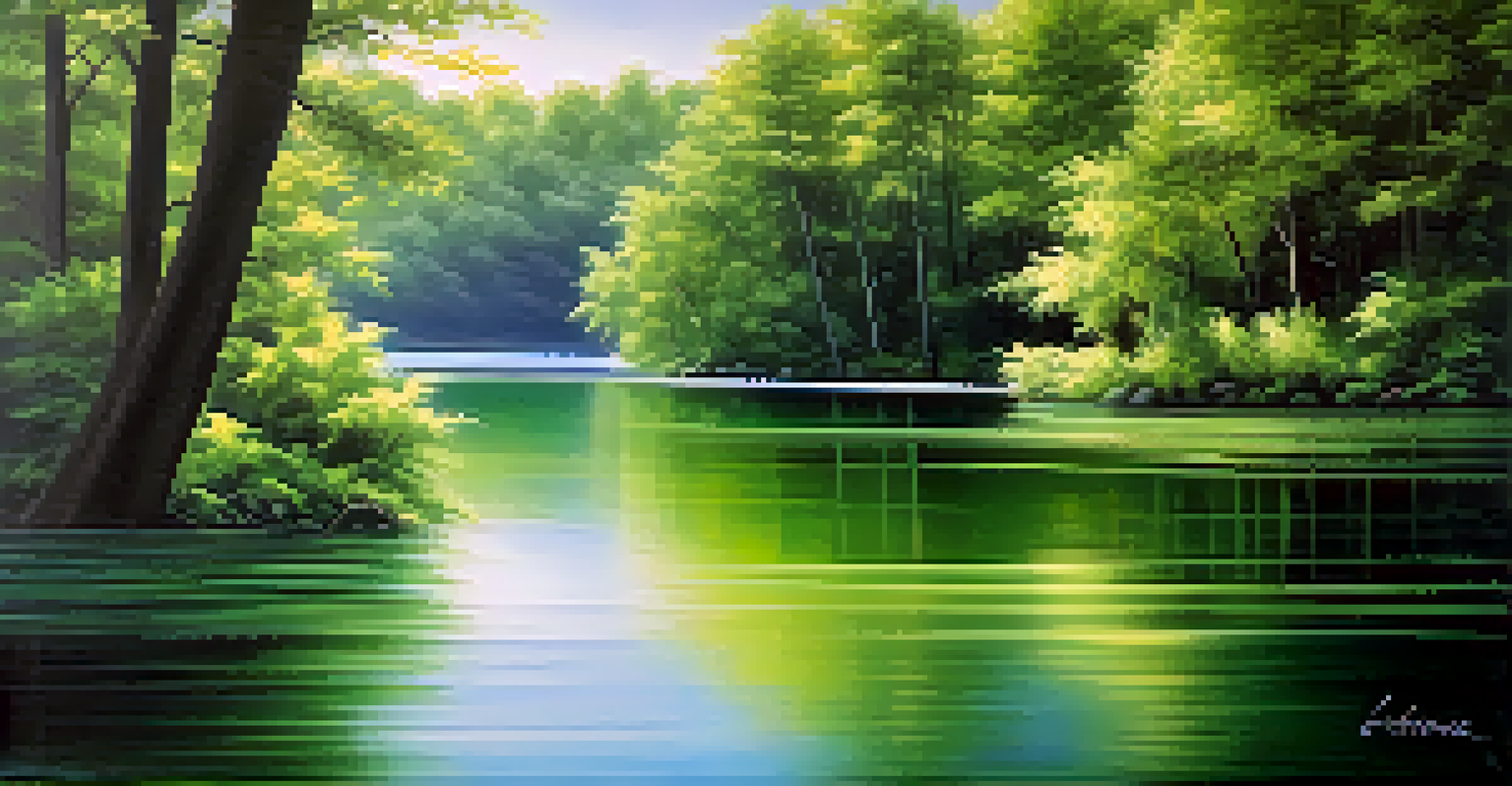 A serene oil painting of a calm lake with soft greens and blues, created using glazing technique, reflecting lush greenery under gentle sunlight.