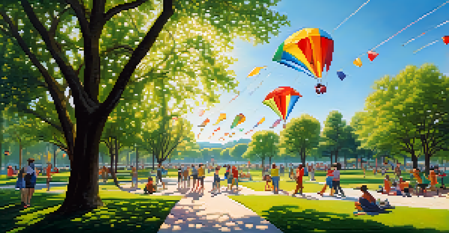 A peaceful park scene with people creating art, dancing, and flying kites under a blue sky.
