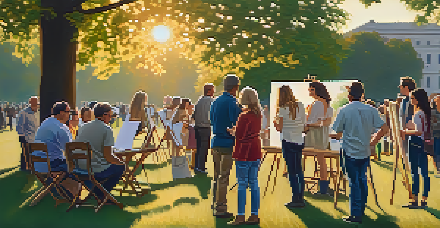 A group of art enthusiasts discussing their paintings during an outdoor event at sunset.