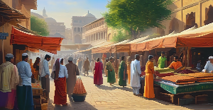 A bustling marketplace with colorful stalls and diverse people interacting, showcasing various cultural artifacts and textiles under warm sunlight.
