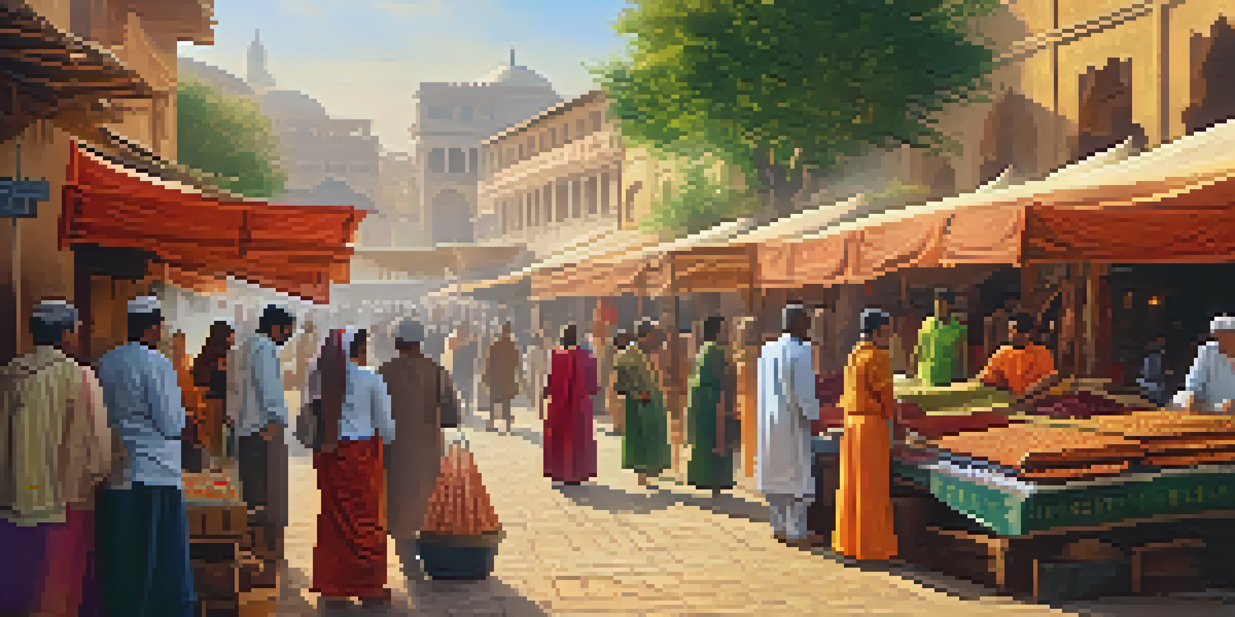 A bustling marketplace with colorful stalls and diverse people interacting, showcasing various cultural artifacts and textiles under warm sunlight.