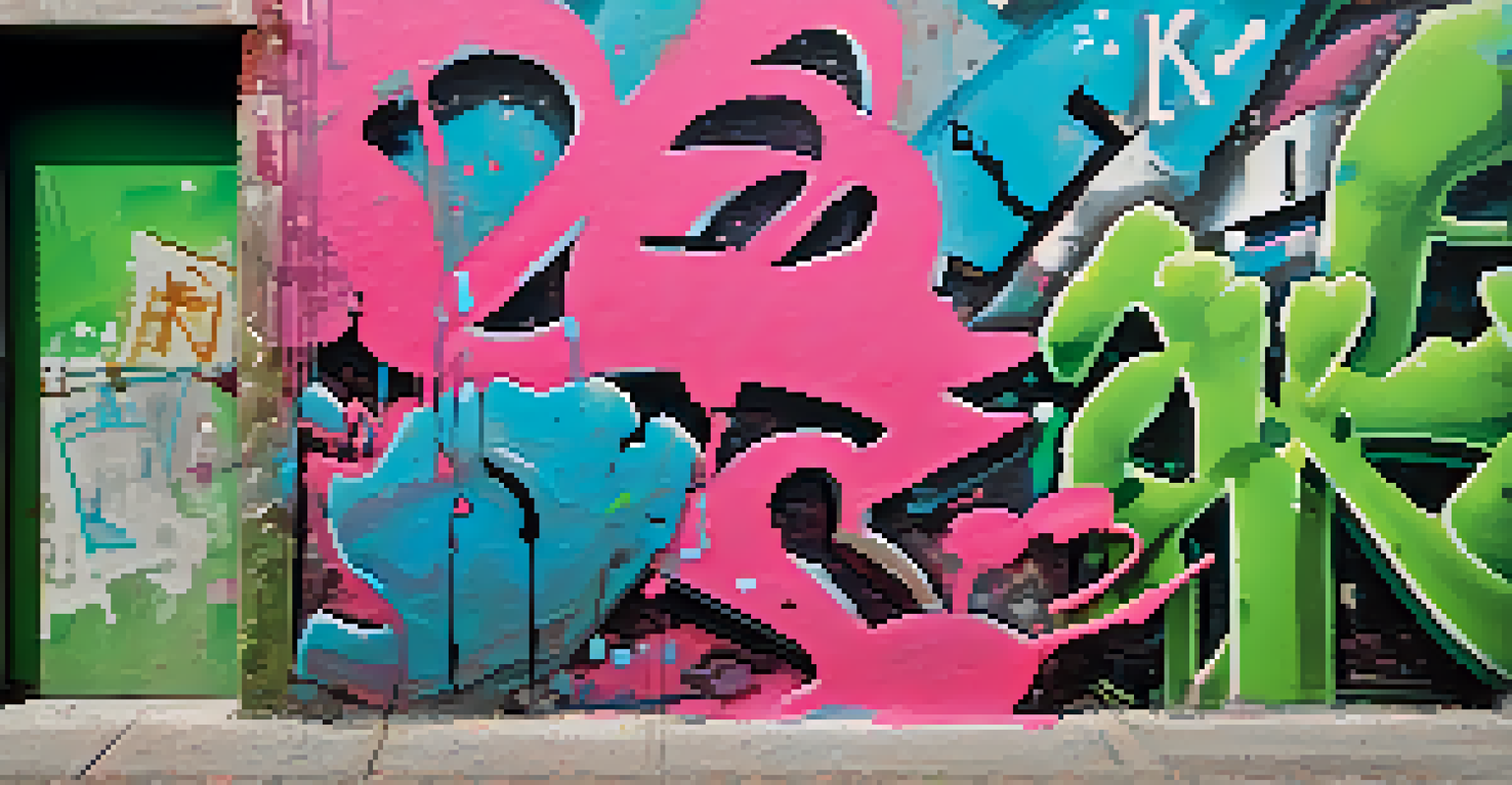 A close-up of a textured wall displaying various street art styles in bold colors.