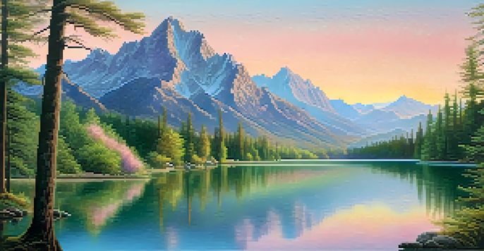A tranquil landscape with a lake reflecting mountains, framed by trees, in soft pastel colors.