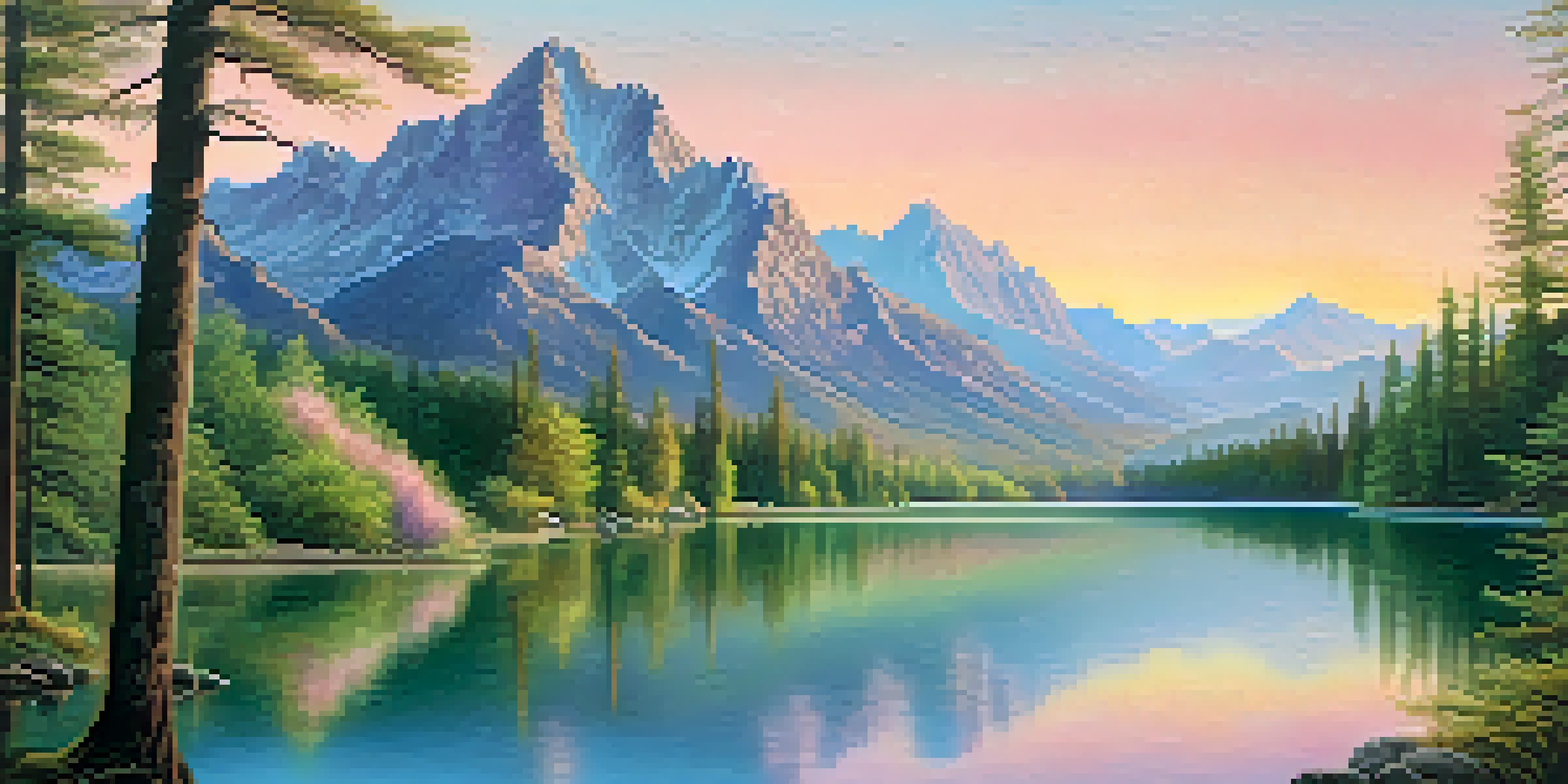 A tranquil landscape with a lake reflecting mountains, framed by trees, in soft pastel colors.
