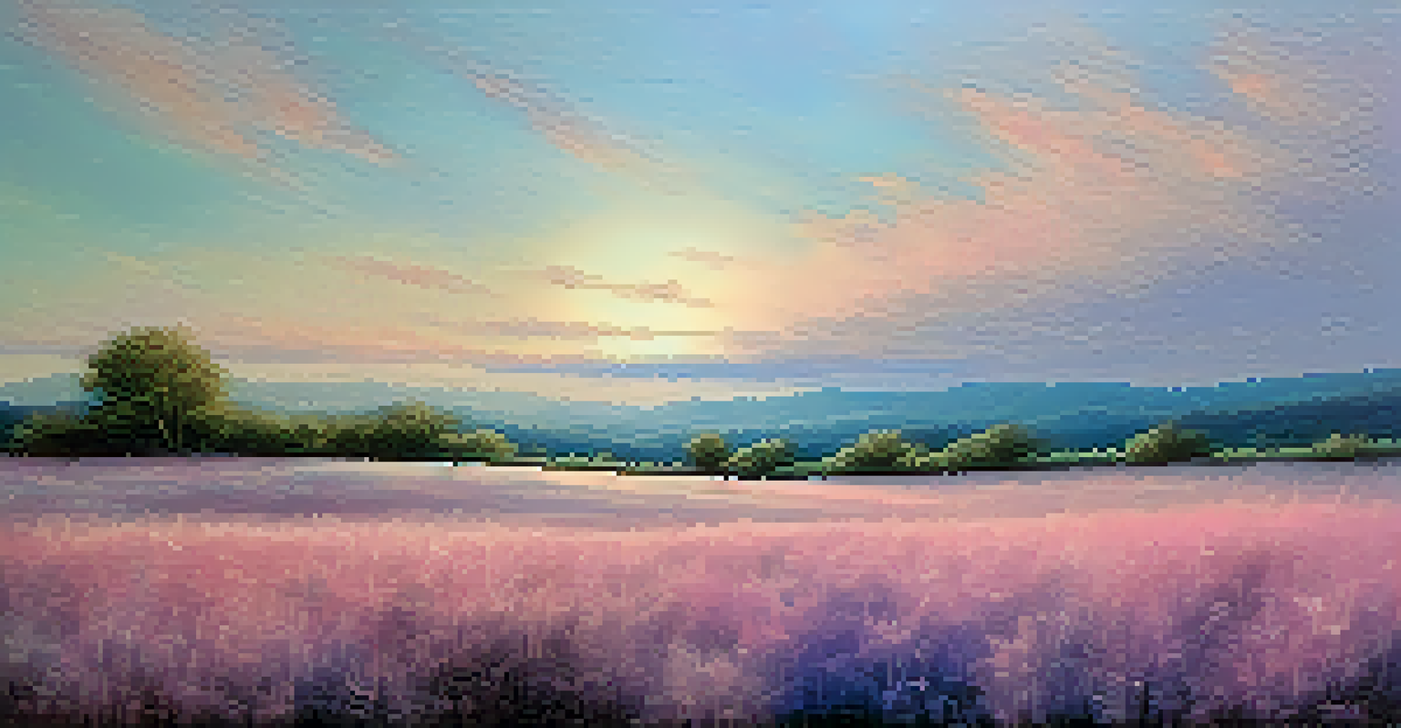 An abstract landscape in pastel colors of pink, lavender, and blue, featuring gentle brush strokes that evoke tranquility.