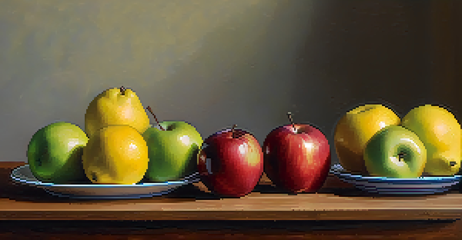 A still life of assorted fruits on a wooden table, with warm natural light highlighting their textures and colors.