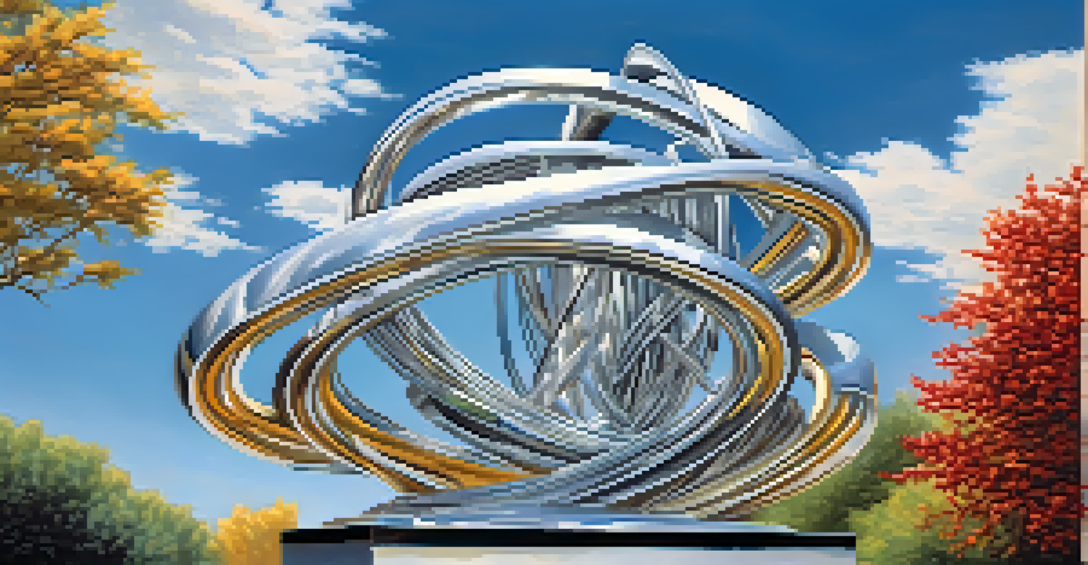A modern abstract sculpture symbolizing movement, set in a sunny outdoor environment with colorful flowers.
