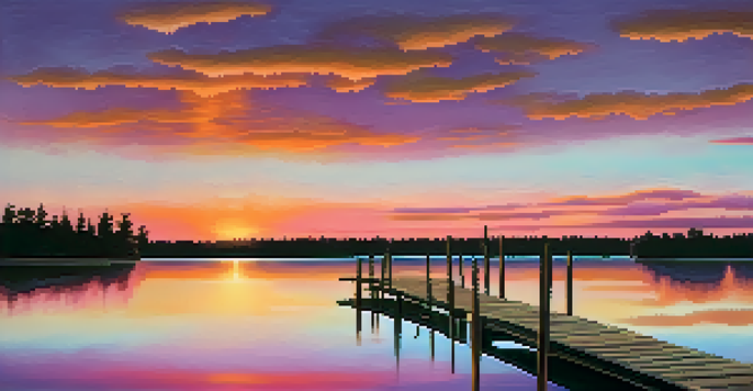 A picturesque sunset over a calm lake with trees silhouetted against the colorful sky and a wooden dock in the foreground.