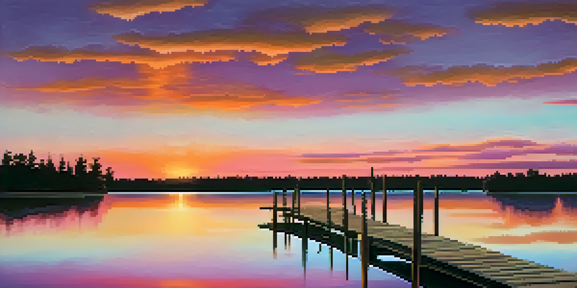 A picturesque sunset over a calm lake with trees silhouetted against the colorful sky and a wooden dock in the foreground.