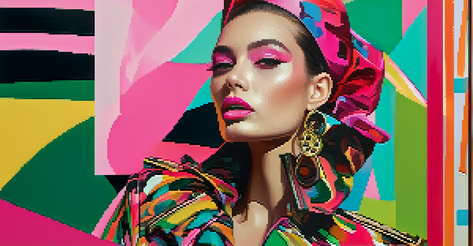 A surreal fashion illustration of a model in avant-garde clothing against an abstract art backdrop with vibrant colors.
