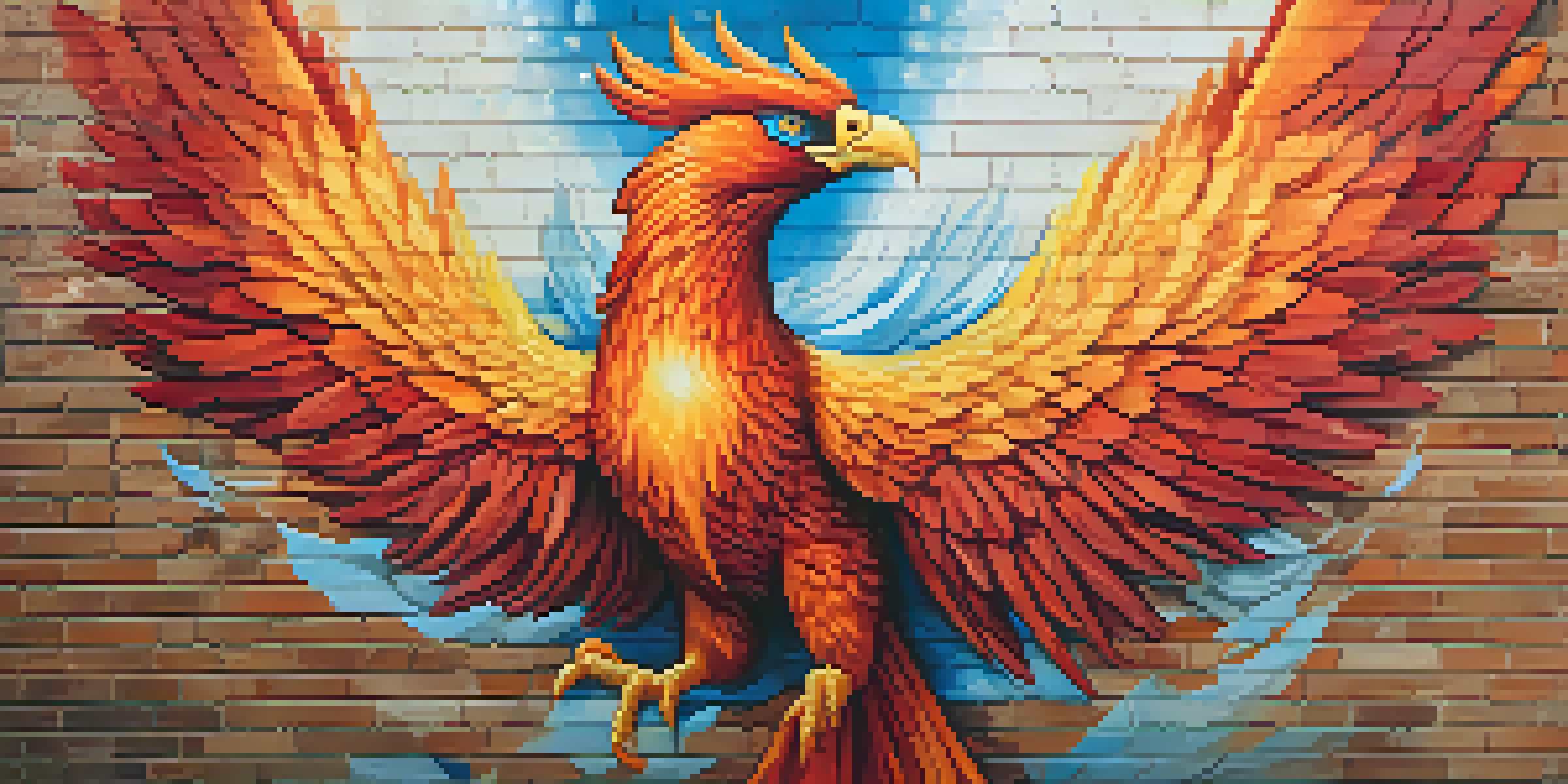 A colorful mural of a phoenix rising from the ashes on a brick wall, symbolizing resilience.