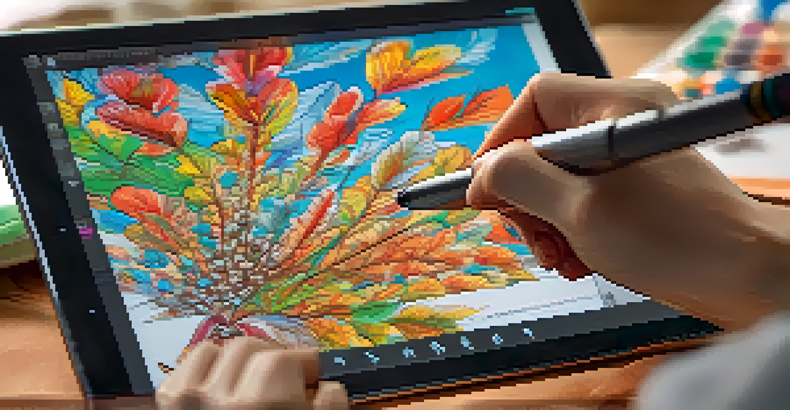 A close-up of a digital tablet with an illustration in progress, showing an artist's hand holding a stylus.