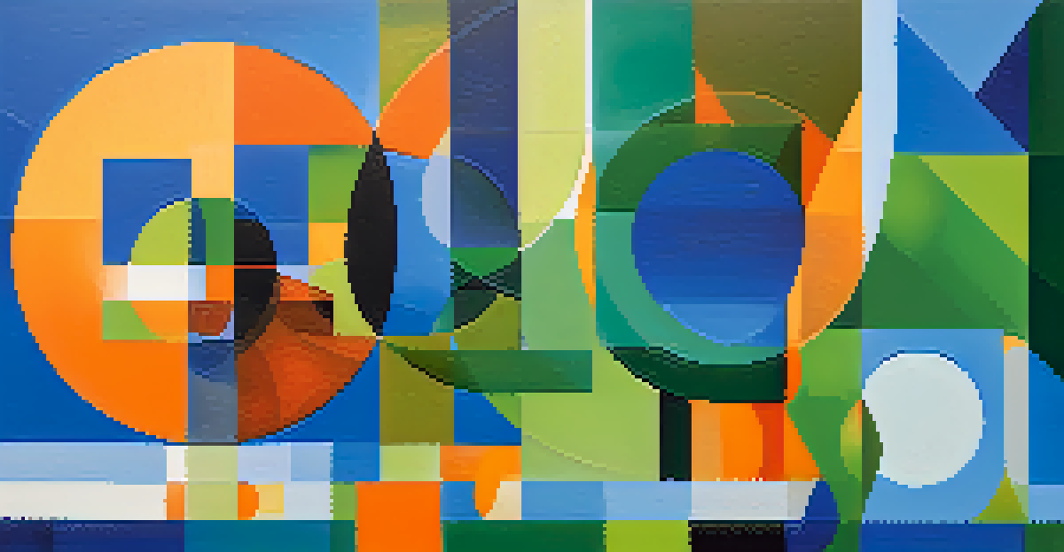 An abstract painting with bold colors and geometric shapes representing intersectionality, with visible brush strokes and a soft gradient background.