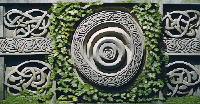 A detailed view of a Celtic stone carving with spirals and knots, surrounded by green foliage and sunlight filtering through the leaves.