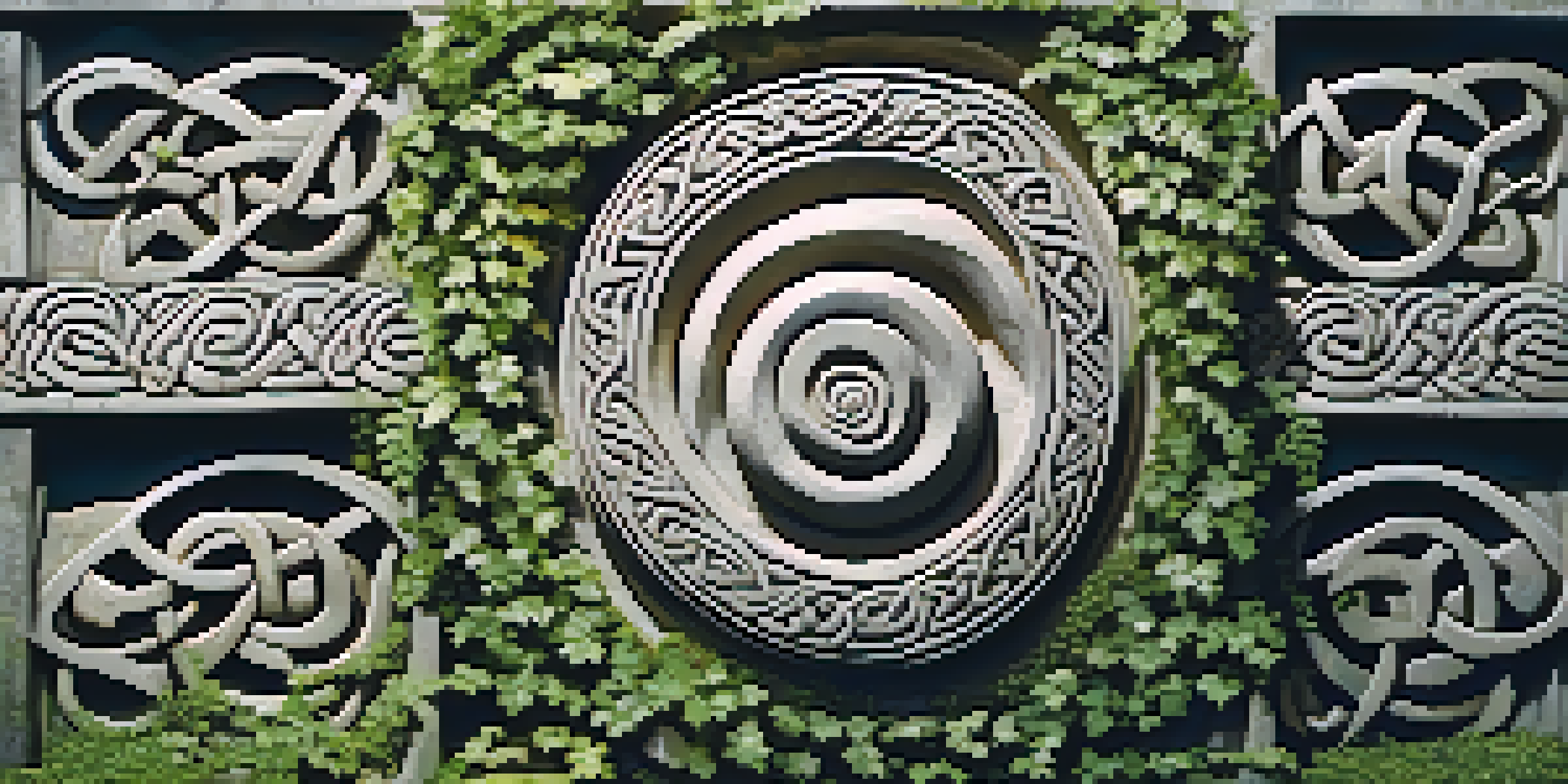 A detailed view of a Celtic stone carving with spirals and knots, surrounded by green foliage and sunlight filtering through the leaves.