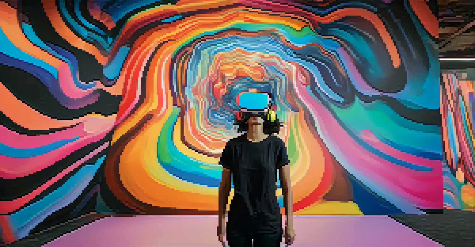 A person wearing a virtual reality headset in a colorful and abstract digital art environment, expressing fascination.