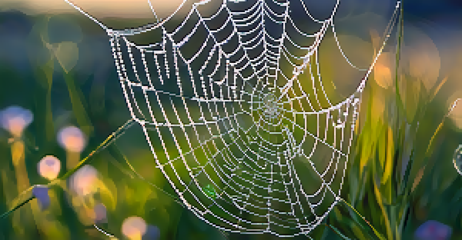 A close-up of a spiderweb covered in dew with wildflowers in the background.