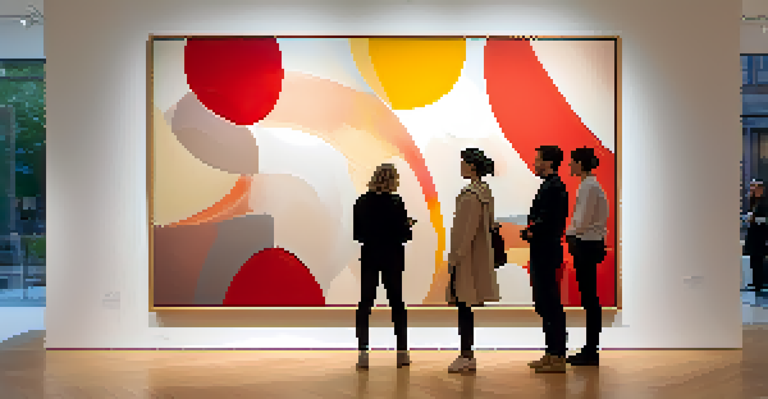 An abstract painting in warm colors displayed in a modern gallery, with art enthusiasts discussing it in front of a minimalist setting.