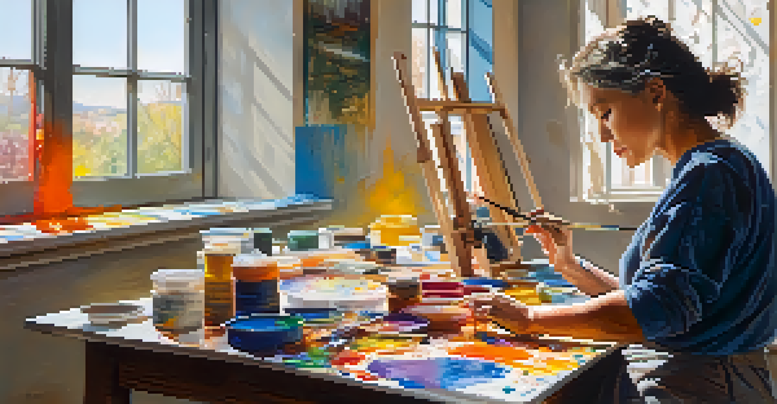 An artist working on a fresco in a bright studio, with vibrant colors and wet plaster visible.