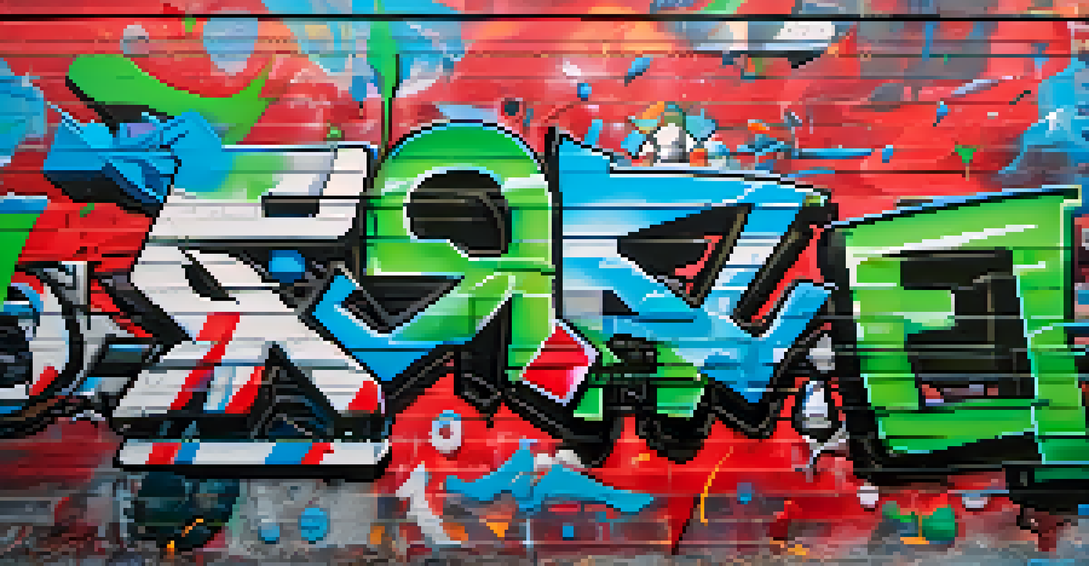 A detailed view of a graffiti wall with colorful tags and textures, illuminated by evening light.